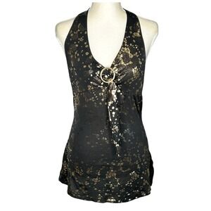 VTG Y2k Babydoll Halter Top‎ Medium Disco Festival Open Back Metallic Clubwear
